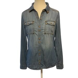 LIFE IN PROGRESS BLUE DENIM BUTTON-UP LONG SLEEVE SHIRT WITH GOLD ACCENTS/Size S